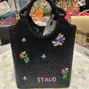 NWT Staud Black Beaded Handbag with Floral Accents Gorgeous!